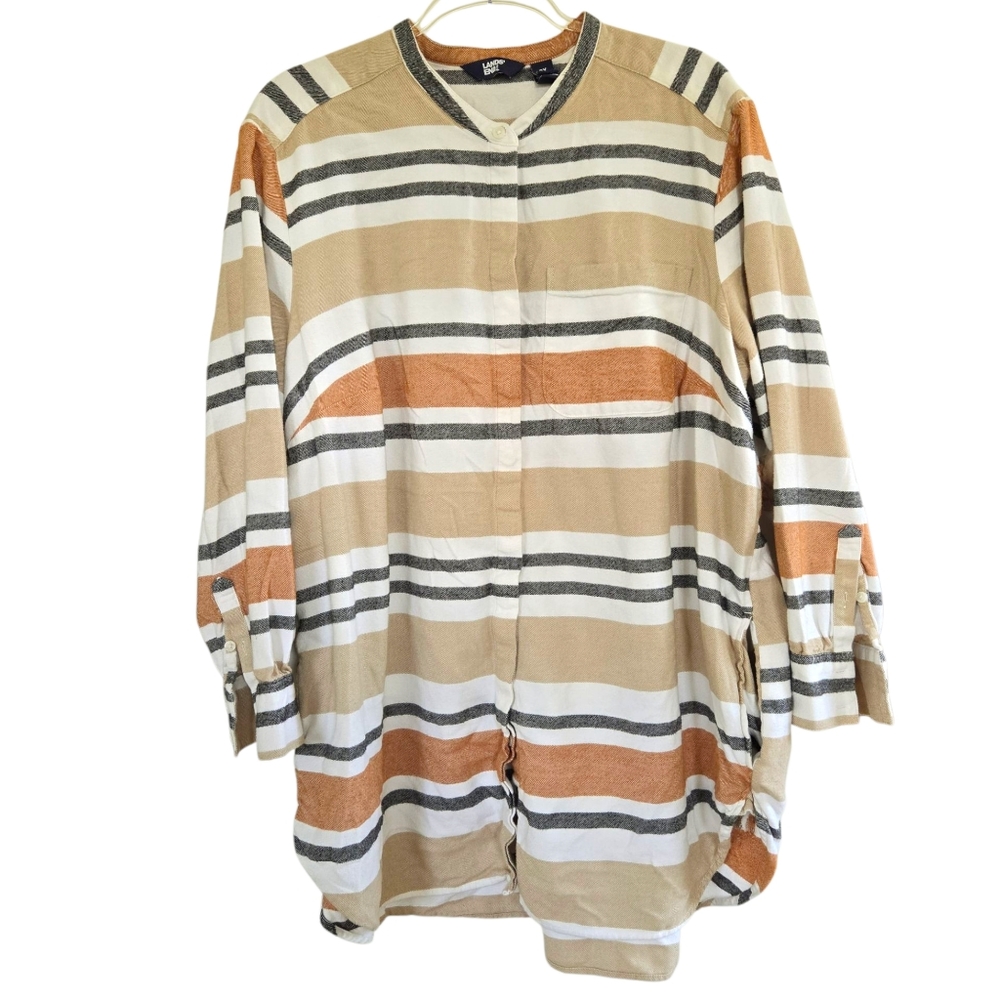 Lands End Striped Flannel Long Sleeve Tunic Top Size 2X Pockets Cabincore Cozy